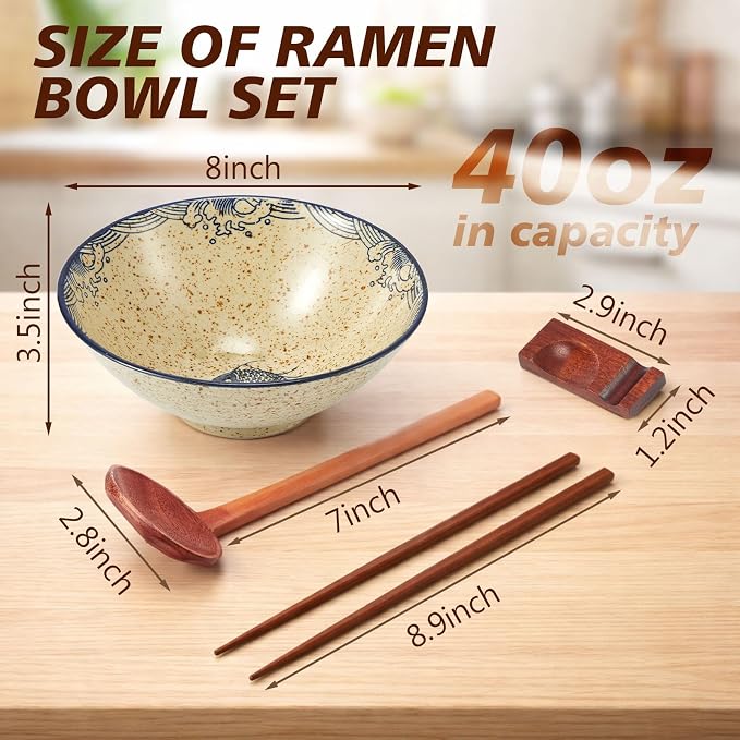 Geiserailie 40oz Ceramic Japanese Ramen Bowls Set of 4, 8 Inch Deep Asian Pho Udon Soup Noodle Bowls with Chopsticks, Spoons & Chopstick Rest -Microwave & Dishwasher Safe(Vintage Style)