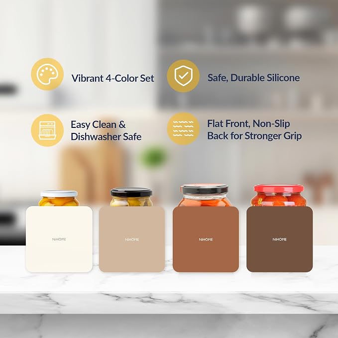 NIHOME Silicone Jar Opener – 6 Inch Large Anti-Slip Grip Pads, Premium 100% Food-Grade Silicone, Stylish Designer Colors, Multi-Purpose Heat-Resistant Mat & Coaster, Set of 4 (Coffee Colors, Square)