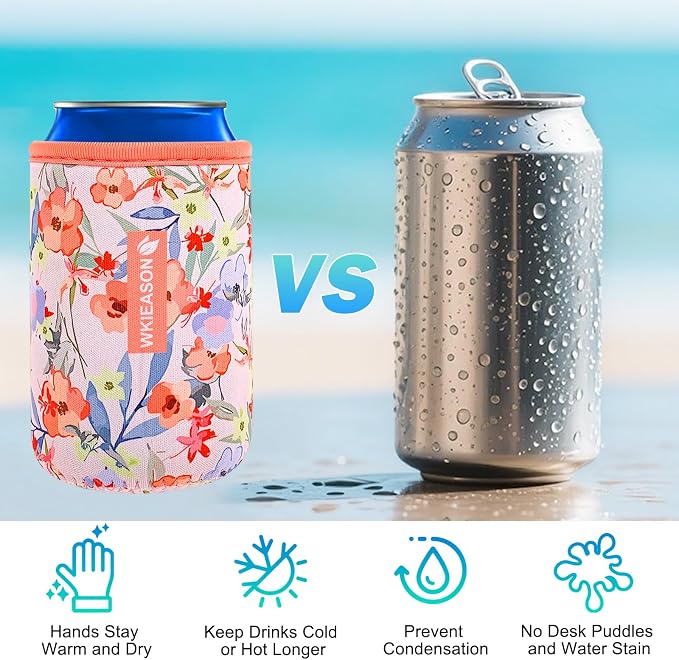WKieason Neoprene Can Sleeves Insulators Beer Coozies 3 Size - 12OZ Standard Can Sleeve, 12OZ Slim Can Sleeve, 16OZ Standard Can Sleeve, 12OZ Standard Beer Can Coolers Coolier Sleeves(Flower Red Set)