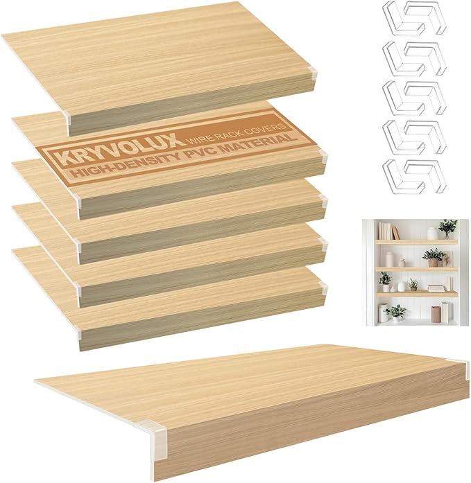 5 Pcs Wire Rack Covers 28x16x3 inch PVC Pantry Shelf Cover 0.31 inch Thick Removable Closet Wire Rack Shelf Covers,Decoration Kitchen Bathroom Office Shelving (Wood Color,28x16x3 inch)