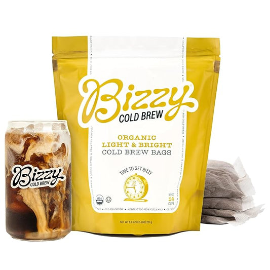 Bizzy Organic Cold Brew Coffee | Light & Bright Blend | Coarse Ground Coffee | Light Roast | Micro Sifted | Specialty Grade | 100% Arabica | Brew Bags | 4 Count | Makes 14 Cups