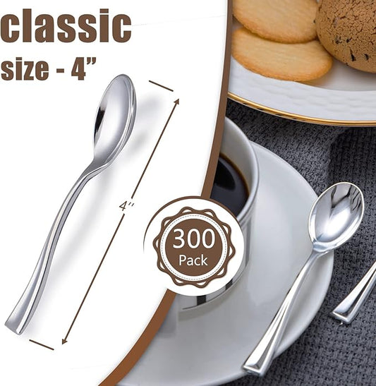 WDF 300 Pieces Plastic Silver Mini Spoons - 4 Inches Silver Plastic Tasting Spoons for Desserts, Heavy Duty Disposable Spoons Perfect for Coffee, Cake, Desserts, Appetizers for Christmas Wedding/Party