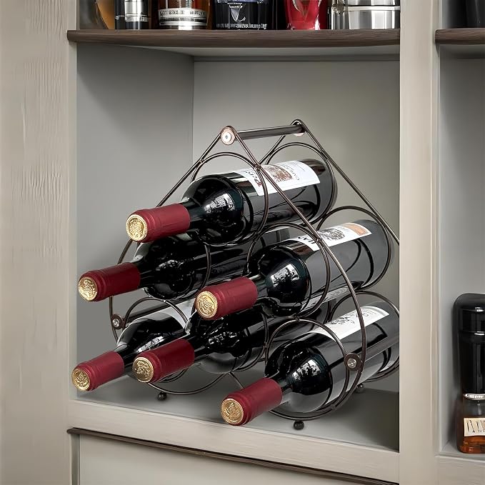 Heart Shape Countertop Wine Rack, 6 Bottles Freestanding Small Metal Wine Holder, Modern Tabletop Wine Storage Stand for Cabinet, Pantry (Black)