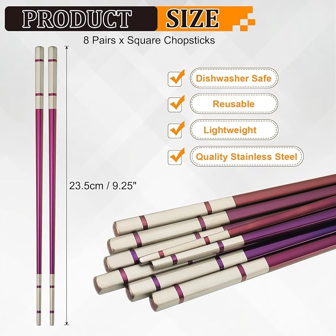 uxcell 8 Pairs Stainless Steel Chopsticks, 23.5cm / 9.25 Inch Metal Chop Sticks Square Lightweight Chopsticks Tableware Accessories Bulk for Home Kitchen Hot Pot Cooking, Purple