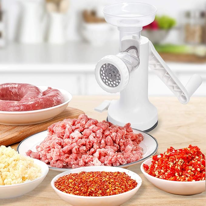 Manual Meat Grinder, Heavy Duty Meat Mincer Sausage Stuffer,Hand Grinder with Stainless Steel Blades for Meat, Sausage, Cookies, Easy to Clean(3 in 1,White)