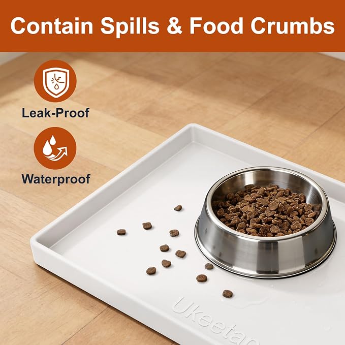ukeetap 19" x 12" Extra Thick Silicone Mat Waterproof with Raised Edge, BPA Free Non-Slip Dog & Cat Food Mat, Feeding Mat for Food and Water Bowls, Spill Proof Mat to Protect Floors, White