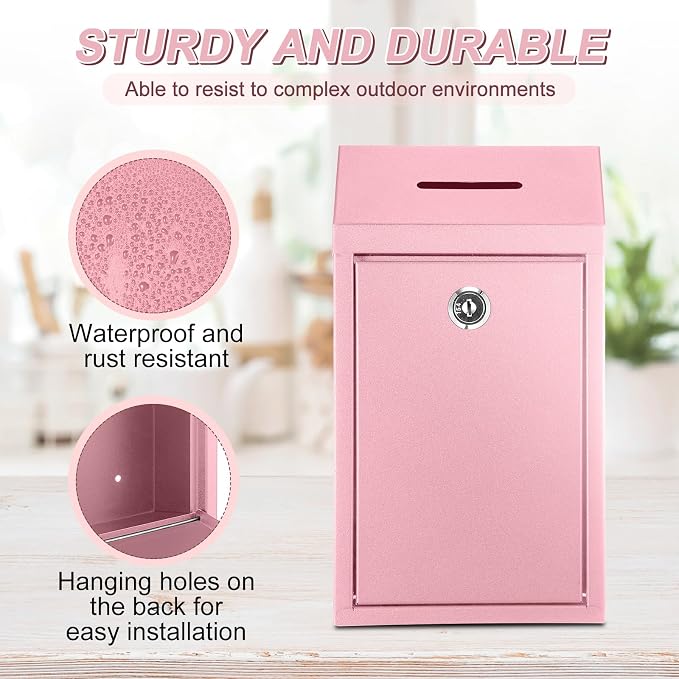 Yaocom Metal Money Box,Pink,10.24 x 5.71 x 2.95 Inch,No Lid | Wall Mounted Drop Donation Cash Box for Farm Stand Collection Safe Suggestion Box with Lock Container for Home Office Outdoor