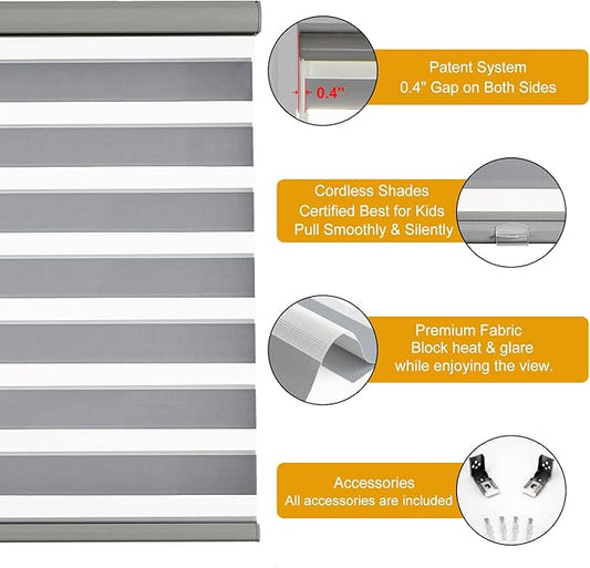 Persilux Cordless Zebra Blinds for Windows (70" W X 47" H, Grey) Free-Stop Windows Shades Dual Layer Light Control for Day and Night, Light Filtering Sheer Shades for Home, Easy to Install