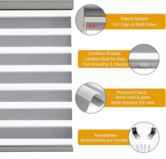 Persilux Cordless Zebra Blinds for Windows Free-Stop Roller Windows Shades (36" W X 64" H, Grey) Dual Layer Light Control for Day and Night, Light Filtering Sheer Shades for Home, Easy to Install