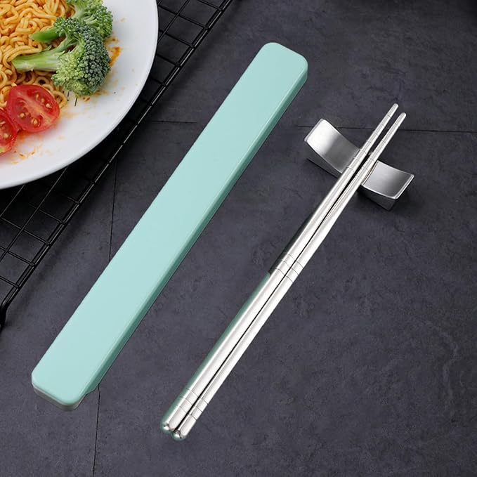 Stainless Steel Metal Chopsticks - Reusable 1 Pair with Pull Design Case - Portable Utensil for School, Home, Office, Camp, Travel, Bento Box (Green)