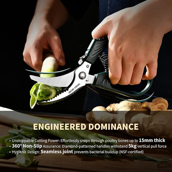 Poultry Shears，Heavy Duty Kitchen Shears with Anti-Slip Handle & Safety Lock，for Meat, Chicken, Bone, Turkey, Fish，Spring-Loaded, Dishwasher Safe