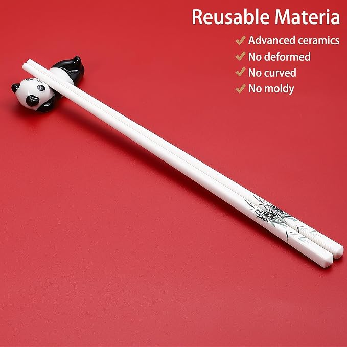 Ceramic Chopsticks Gift set with Panda Porcelain Rest,Reusable,Green Bamboo | Easy to Clean,Dishwasher Safe,Ceramic Chopsticks Holder,Chinese Japanese Korean,Classic Stylish,Exquisite Panda Gift Box