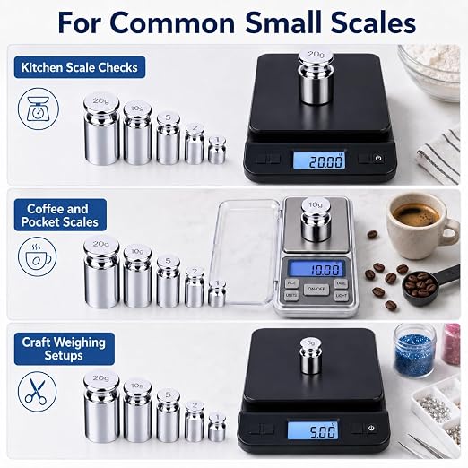 I-MART Calibration Weights Set 1g 2g 5g 10g 20g, M1 Grade Chrome-Plated Steel Small Weights for Digital Scale Calibration, Kitchen Pocket Postal and Craft Use, 5 Piece Gram Set
