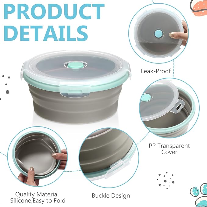 4 Pcs Collapsible Bowls with Lids Silicone Camping Food Storage Container Expandable Folding Salad Lunch Box Travel Container for Hiking Camping
