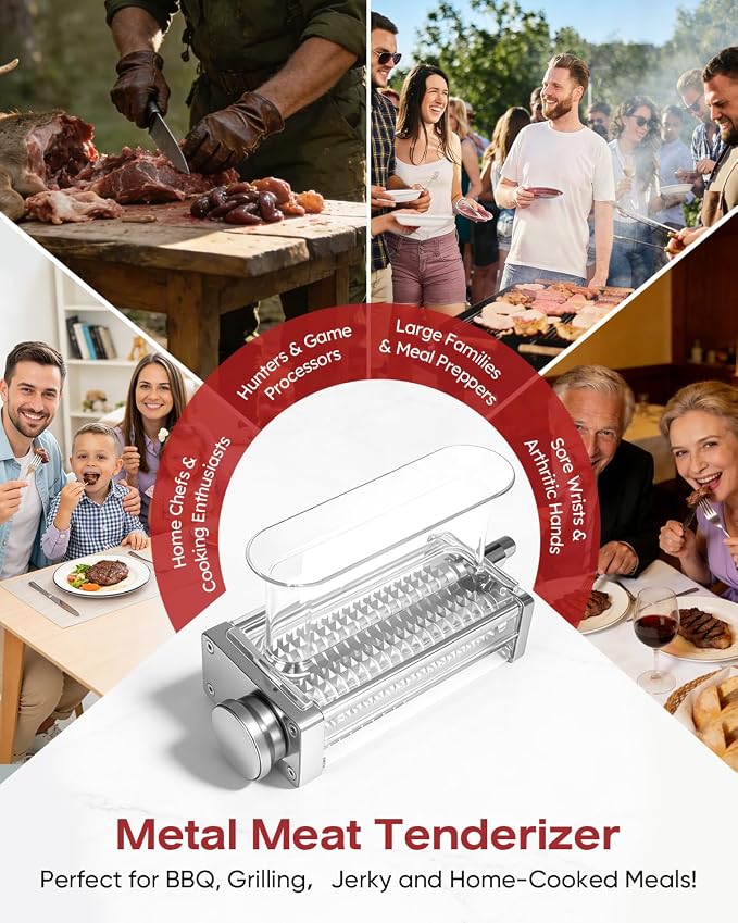 Adjustable Meat Tenderizer Attachment for KitchenAid Stand Mixer, 3 Setting | Stainless steel efficient tenderizer machine for steak, pork, lamb, venison or jerky, Safety tall chute tenderizing tools