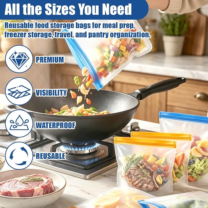 26Pack Reusable Silicone Bags, 3 Size Leakproof Food Storage Bags Dishwasher Safe, Silicone Bags Containers for Meal Prep Containers, Salad Fruit, Vegetables, Home Organization, Lunch Sandwich Bag