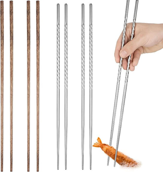 Patelai 4 Pairs Long Cooking Chopsticks 15.3 Inch & 16.5 Inch Extra Long Stainless Steel Wooden Noodles Chopsticks for Kitchen Cooking Frying Hot Pot, Non Slip Threaded(Silver, Wood Color)