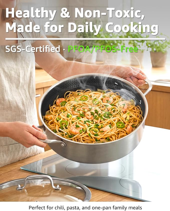 LOLYKITCH 7 QT Large Deep Frying Pan with Lid | 12 Inch | Riveted Handles | Ceramic Nonstick | Tri-Ply Stainless Steel Skillet | Saute Pan | Hybrid Cookware | Oven & Induction Ready | 6-8 Servings