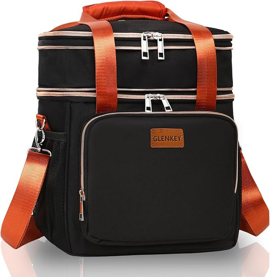GLENKEY Expandable Lunch Box Cooler Bag - Insulated Soft Lunch Bag for Men Women - Large Lunchbox for Adults Work Camping Outdoor Travel Black Brown 16L