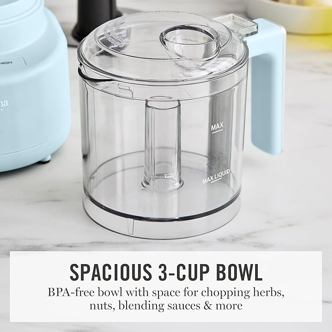 Martha Stewart 3 Cup Electric Vegetable Chopper & Mini Food Processor, Blue | 24oz BPA-Free Bowl, Stainless Steel Blades, Pour Spout, Dice, Puree, Mince, Chop Vegetables & Herbs, Dishwasher-Safe Parts