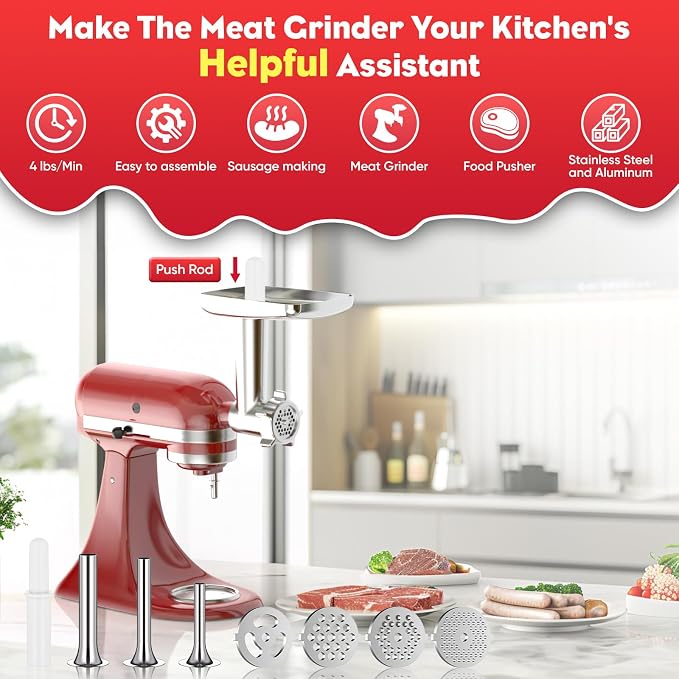 Meat Grinder for KitchenAid Mixer, Meat Grinder Attachment with 4 Grinding Plates, 3 Sausage Stuffer Tubes, 2 Grinding Blades, Attachment for Kitchenaid Mixers