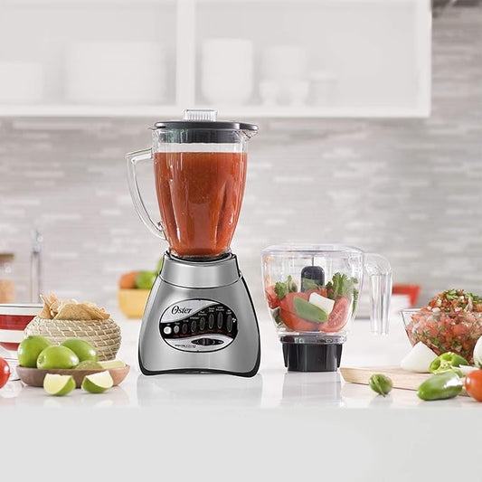 Oster Classic Series 16-Speed Blender with Food Chopper & 5-Cup Glass Jar, Countertop Kitchen Blender, Brushed Nickel