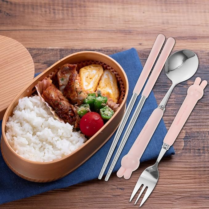4 PCS Travel Utensils with Case, Portable Stainless Steel Reusable Cutlery Set for Lunch Box, Includes Spoon Fork Chopsticks, Small Pink Cartoon Flatware for Students, Kids School, Office, H