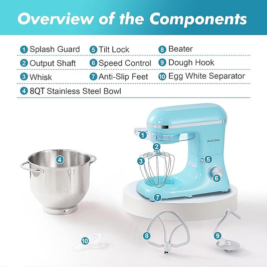 Aucma Stand Mixer, 900W 8QT Large Kitchen Mixer, Kitchen Electric Mixers with Dough Hook, Wire Whip & Beater (Blue, 8QT)
