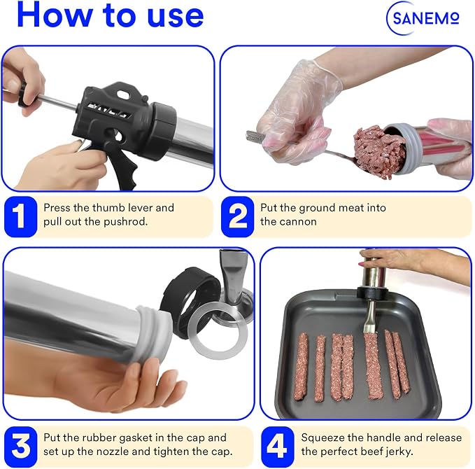 SANEMO Large Capacity Jerky Gun for Ground Meat - Easy to Use/Clean 1.5 LB Sausage Gun & Beef Jerky Maker Kit with 5 Stainless Steel Nozzles, 2 Cleaning Brushes, and 1 Mesh Bag for Easy Carrying.