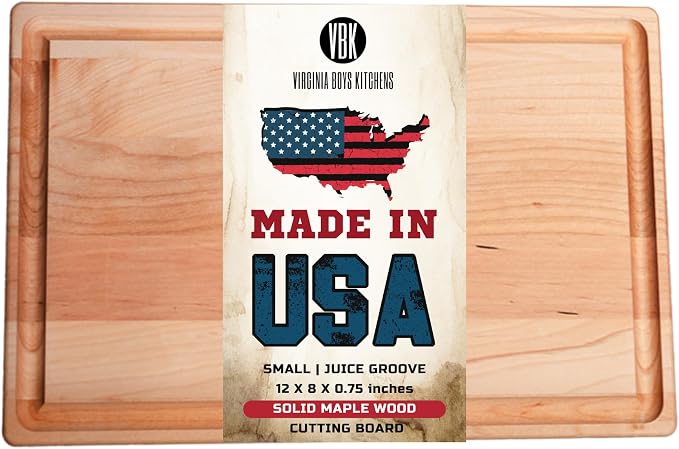 Made in USA Solid Maple Wood Cutting Board by Virginia Boys Kitchens - Butcher Block Wooden Carving Board with Juice Groove made from Sustainable North American Hardwood (8x12)