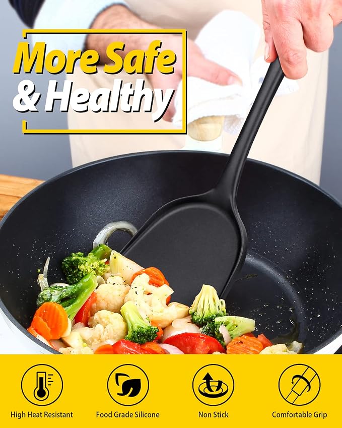 BUNDLEPRO Silicone Seamless Wok Spatula, 2 Pack, Black | Non-Stick, Heat Resistant, Easy to Clean, Dishwasher Safe, Kitchen Utensils for Cooking, Baking, Stir-Fry