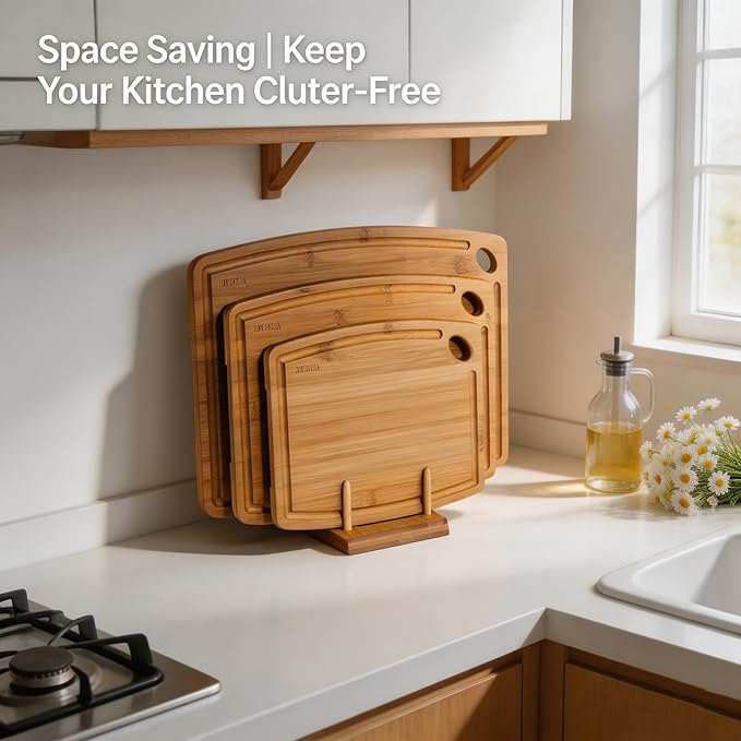 3-Piece Bamboo Cutting Boards for Kitchen with Wood Storage Stand | Reversible Charcuterie & Wooden Cutting Board Set with Juice Grooves and Easy-Grip Handles, Great Kitchen Gift
