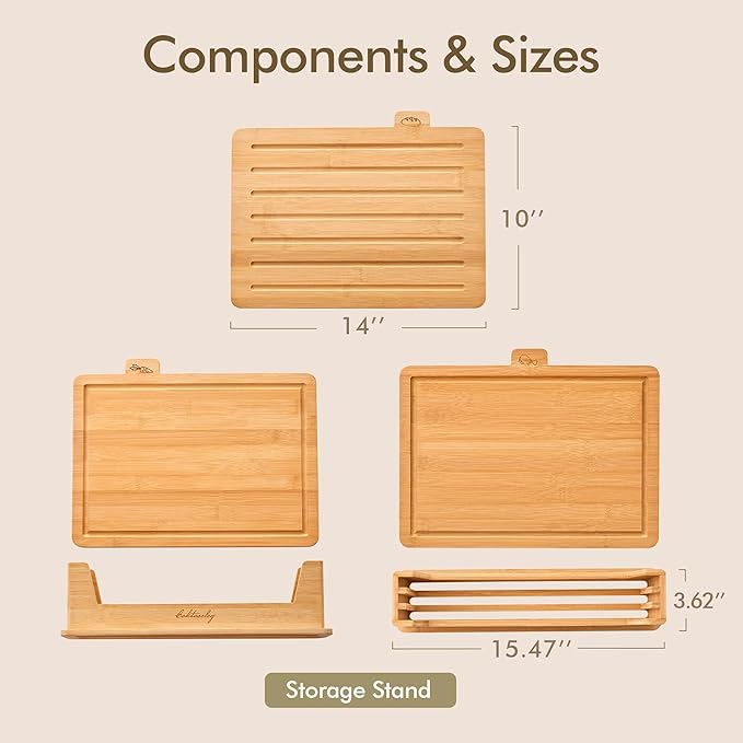 Bamboo Cutting Boards for Kitchen Set of 3, Large 14’’ x 10’’ with Holder, Wooden Cutting Board with Juice Groove & Labels for Meat Vegetables Bread