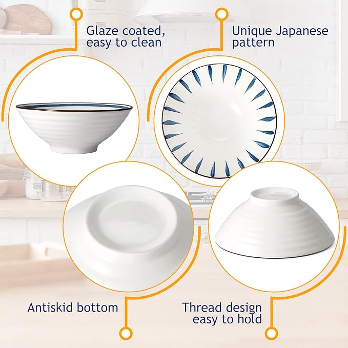 Geiserailie 40oz Ceramic Japanese Ramen Bowls Set of 4, 8 Inch Deep Asian Pho Udon Soup Noodle Bowls with Chopsticks, Spoons & Chopstick Rest -Microwave & Dishwasher Safe(Retro Style)