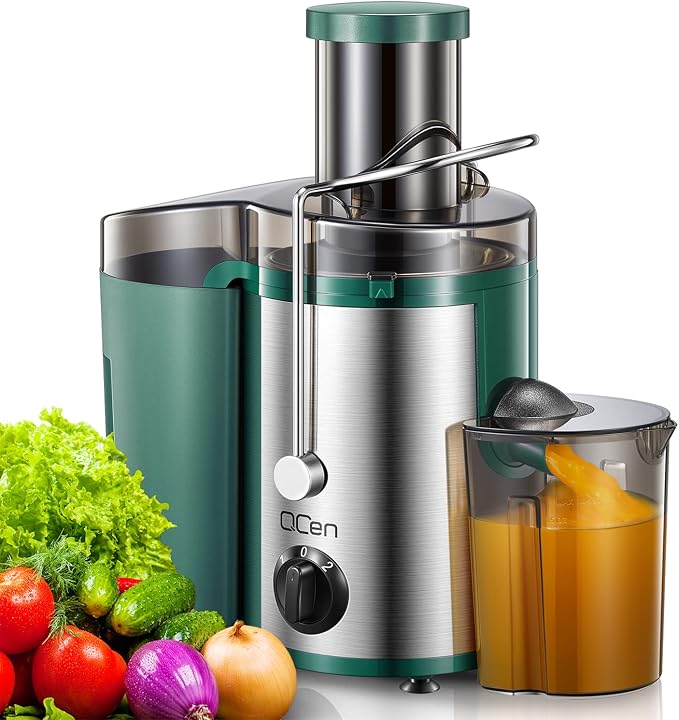 QCen Juicer Machine 500W Centrifugal Juicer with Extra Wide Feed Chute | For Fruits And Vegetables, Stainless Steel, BPA-Free Parts, Easy To Clean, Green, Compact Countertop Juicer