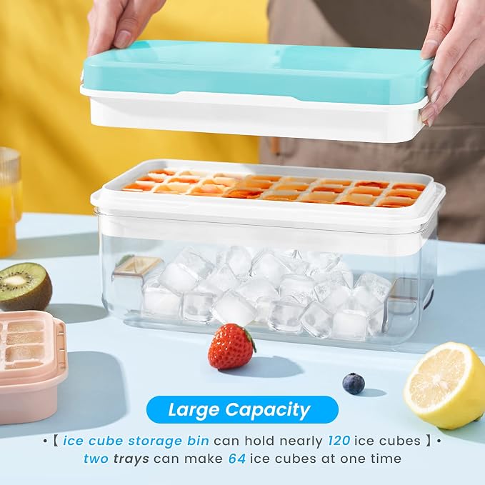 1.0" Ice Cube Tray with Lid and Bin, PHINOX 64 Cubes Ice Trays for Freezer, Ice Cube Trays for Freezer with 2 trays, Container, Lid & Ice Scoop, BPA Free, Blue(32Cubes/Tier)