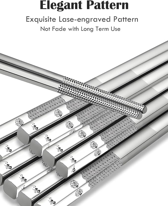 Metal Chopsticks Reusable 5 Pairs 18/8 Stainless Steel Chopsticks Sea Wave | Dishwasher Safe,Non-Slip Grip,Good for Beginners,Come in a Gift Box,SUS304 Resistant to Rust,Square,Chop Sticks Silver,9.25''