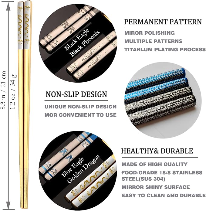 Chopsticks with Case,Metal Chop Stick for School,Office,Outdoor,Gold Dragon | Titanium Plated,Reusable,Dishwasher Safe,Come in a Set,Lightweight,Beginner friendly,Year of the Dragon Gifts,Portable