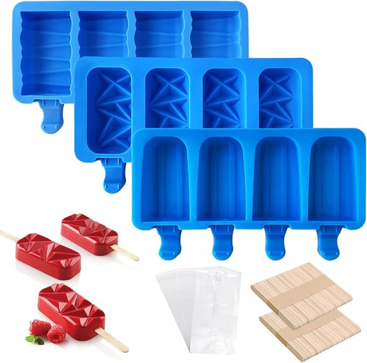 3 Set Popsicle Molds,Cakesicles Silicone Mould,12 Cavities Silicone Ice Cream Molds with Lids and 100 Pieces Wooden Popsicles Sticks and 100 Bags for Making Cakesicles,Cake Pops,Ice Cream(Dlue)