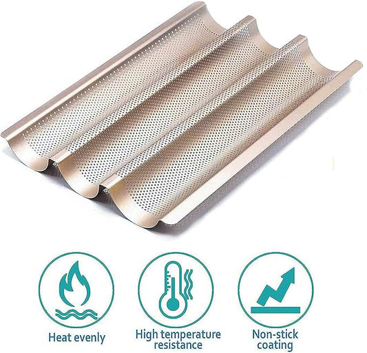 Hesanzol Baguette Pans for Baking 15" x 11", Carbon Steel 3 Loaf Nonstick Baguette Baking Tray for French & Italian Perforated French Bread Pan (2pack - Gold)