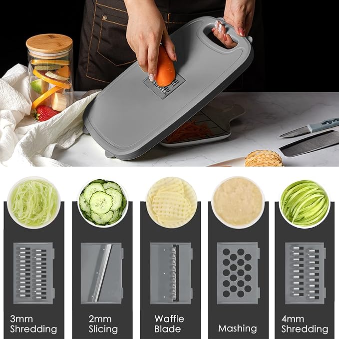 Gintan Collapsible Camping Cutting Board, 9-in-1 Chopping Board with Colander, Kitchen Vegetable Washing Basket for Camping, Camping Gifts Camping Accessories for RV Campers (Blue+Grey)
