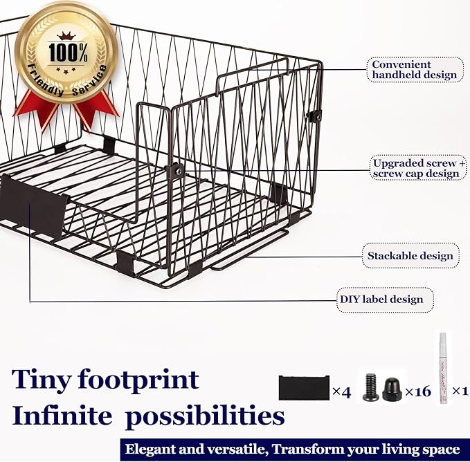 4 PACK XXL Stackable Wire Baskets for Pantry Organization and Storage | Heavy Duty Metal Wire Baskets with Labels,Open Front Pantry Bins for Kitchen,Snacks,Chips,Cans,Potatoes & Produce