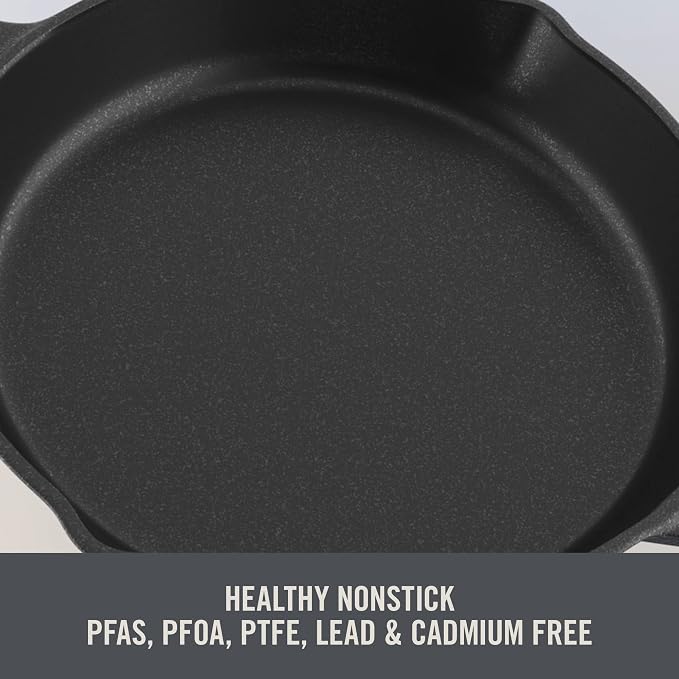 DASH Zakarian x Nonstick Cast Iron Skillet - Versatile Frying Pan Cookware - Oven-Safe Searing Skillet with Pour Spout and Quick-Clean Surface - Rust-Resistant - Black, 9.5-Inch