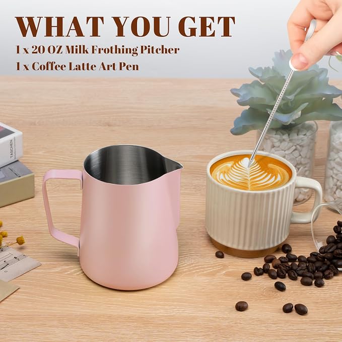 Amrules Milk Frothing Pitcher, 20 oz Milk Frother Cup with Clear Scale, 304 Stainless Steel Cappuccino Espresso Machine Accessories for Barista Coffee Bar with Latte Art Pen, Pink