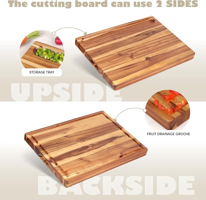 Acacia Wood Cutting Board (17x13x1.5in) and Wooden Butcher Block, Chopping Board - Reversible Multipurpose For Meat, Cheese Board, Vegetables, Bread...with Juice Groove, Cracker Holder & Inner Handles