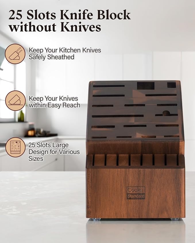 Cooks Standard Cutlery Block Holder without Knives, X-Large Universal Countertop Butcher Block Kitchen Knife Stand for Easy Kitchen Storage, Made of Natural Acacia Wood, 25 Slot