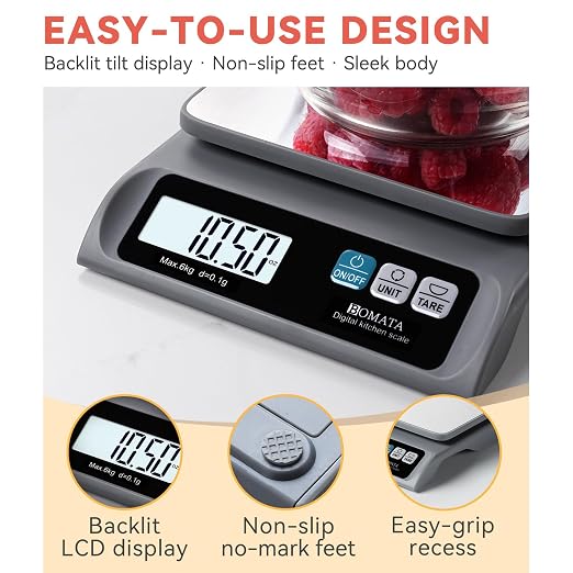 BOMATA 0.1g High Precision Food Scale, USB Rechargeable, 13lb Digital Kitchen Scale with Removable Stainless Steel Pan, Backlit LCD Display, for Cooking, Baking B621 Grey