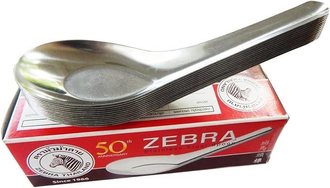 Zebra Thai Chinese Asian Stainless Steel Rice Soup Spoon (12 Pack), Silver