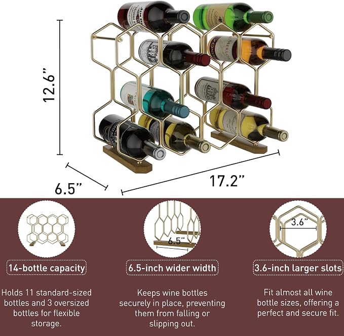 Buruis Countertop Wine Rack with Acacia Base, 14-Bottle Modern Freestanding Metal Holder for Red and White Wine, Tabletop, Kitchen, Bar, and Cabinet Storage (Gold)