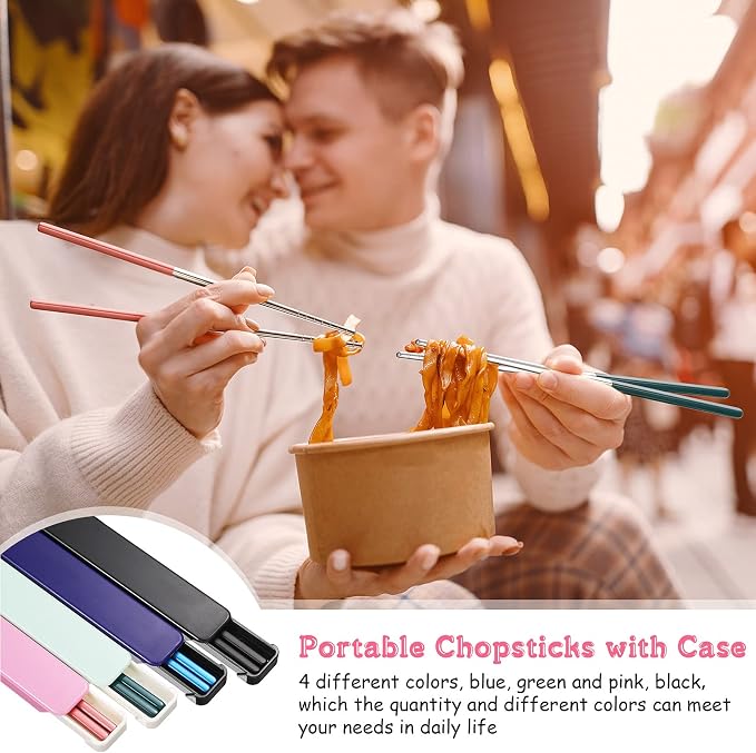 Patelai 4 Pairs Portable Chopsticks with Case Metal Stainless Steel Chopsticks Reusable Portable Utensil for Travel, Office Lunch & Holiday Gift for Friends & Family